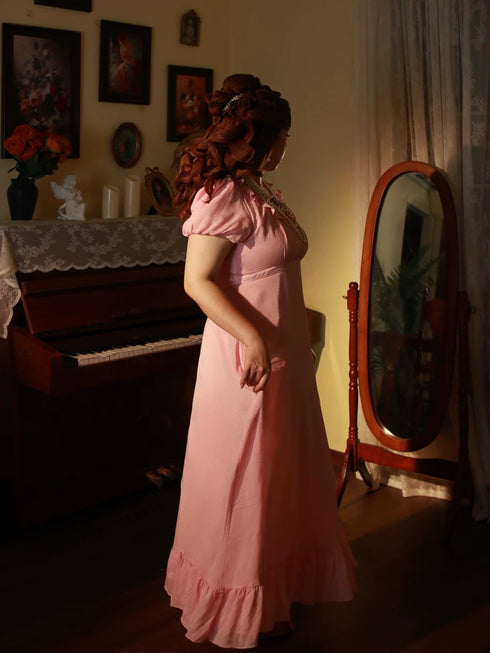 Pink Regency Era Dress with Ruffled Neckline and Puff Sleeves – Bridgerton Inspired Dress Plus Size